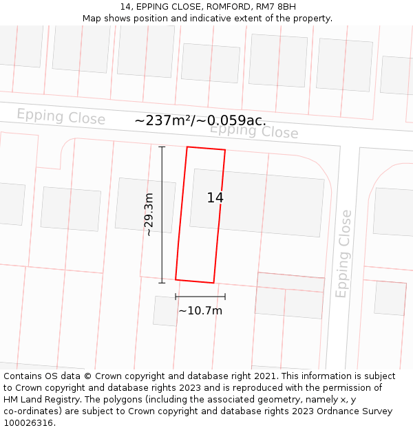 14, EPPING CLOSE, ROMFORD, RM7 8BH: Plot and title map