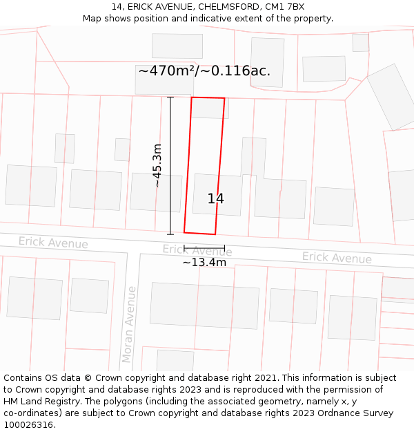 14, ERICK AVENUE, CHELMSFORD, CM1 7BX: Plot and title map