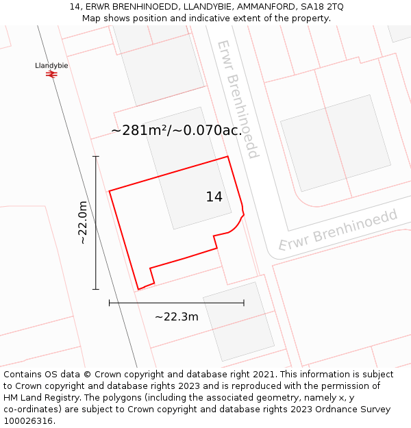 14, ERWR BRENHINOEDD, LLANDYBIE, AMMANFORD, SA18 2TQ: Plot and title map