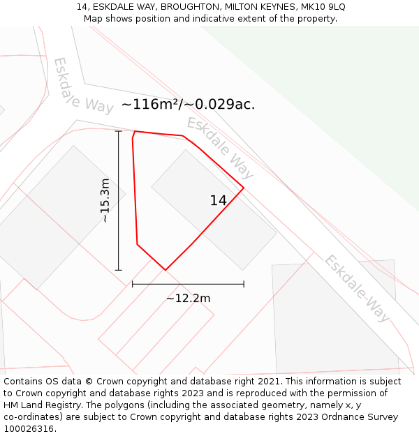 14, ESKDALE WAY, BROUGHTON, MILTON KEYNES, MK10 9LQ: Plot and title map