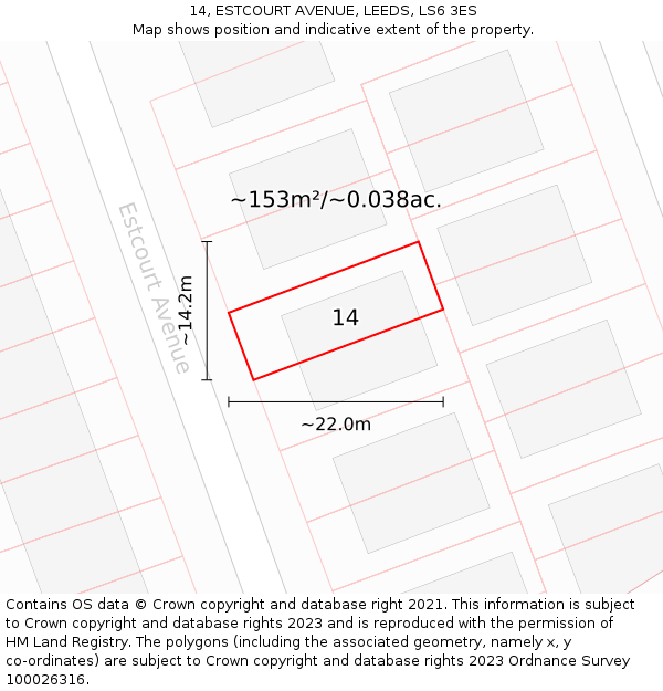 14, ESTCOURT AVENUE, LEEDS, LS6 3ES: Plot and title map