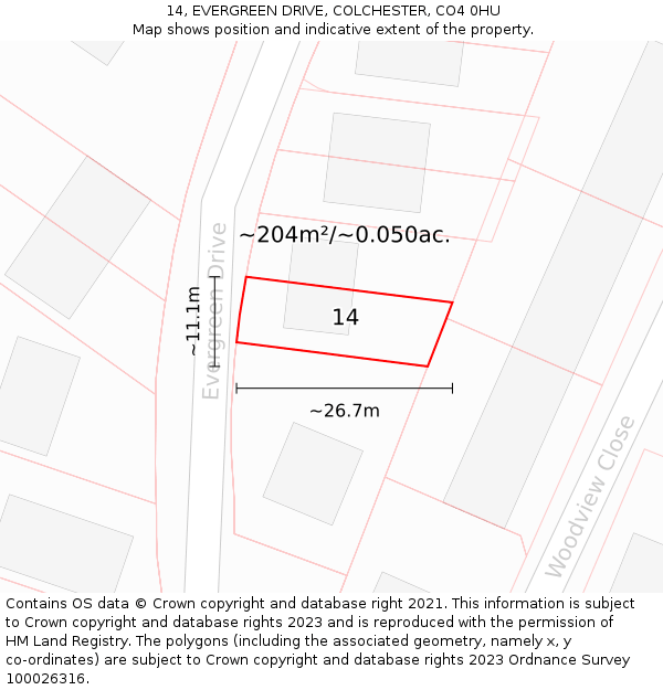 14, EVERGREEN DRIVE, COLCHESTER, CO4 0HU: Plot and title map
