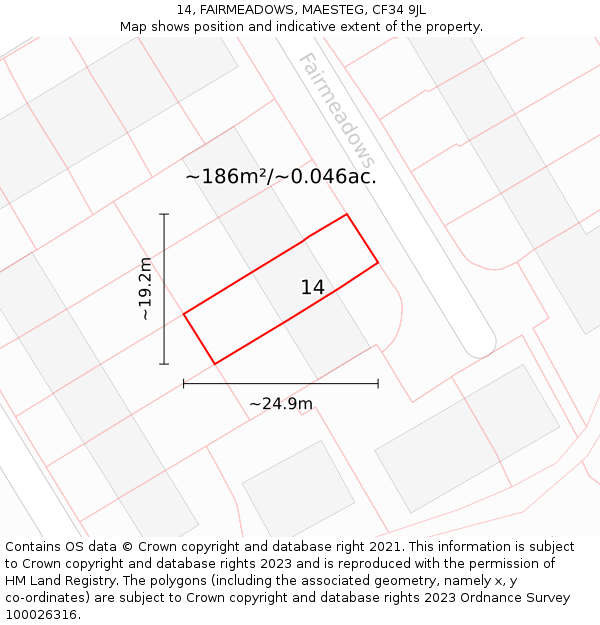 14, FAIRMEADOWS, MAESTEG, CF34 9JL: Plot and title map