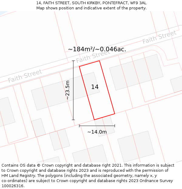 14, FAITH STREET, SOUTH KIRKBY, PONTEFRACT, WF9 3AL: Plot and title map