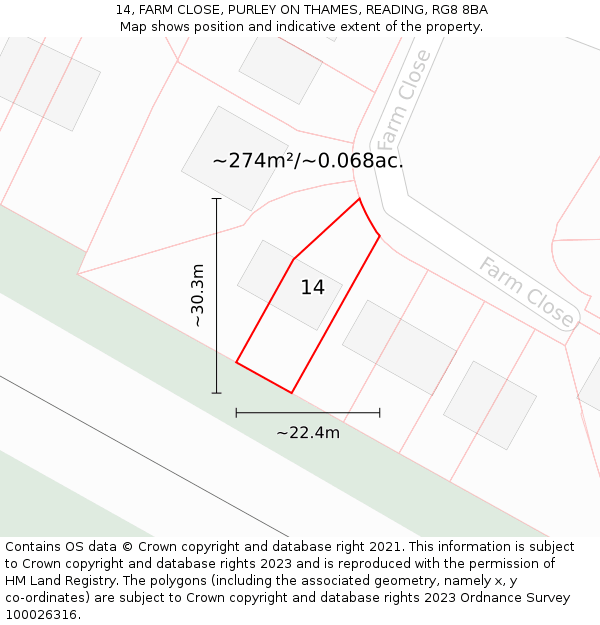 14, FARM CLOSE, PURLEY ON THAMES, READING, RG8 8BA: Plot and title map