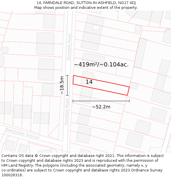 14, FARNDALE ROAD, SUTTON-IN-ASHFIELD, NG17 4DJ: Plot and title map