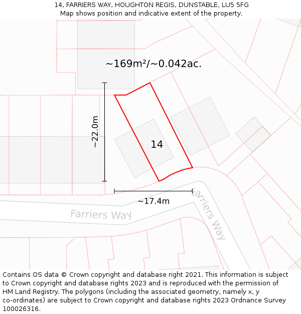 14, FARRIERS WAY, HOUGHTON REGIS, DUNSTABLE, LU5 5FG: Plot and title map