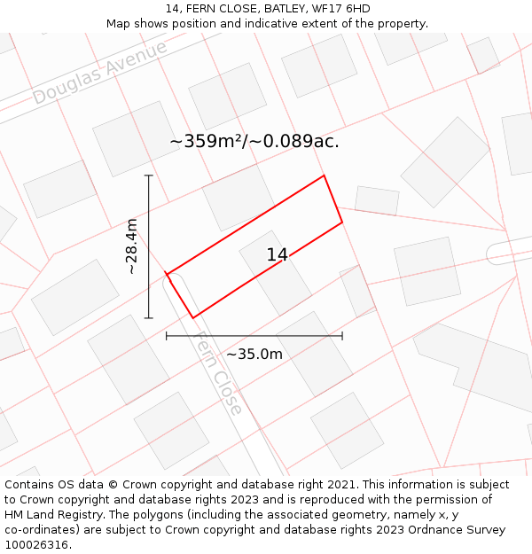 14, FERN CLOSE, BATLEY, WF17 6HD: Plot and title map