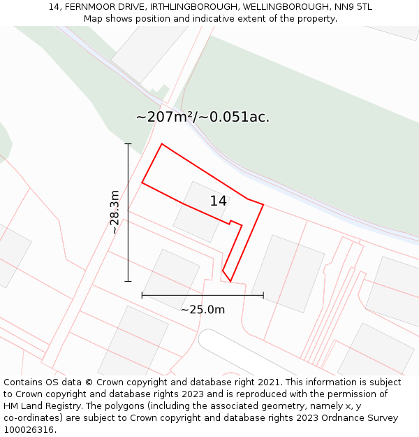 14, FERNMOOR DRIVE, IRTHLINGBOROUGH, WELLINGBOROUGH, NN9 5TL: Plot and title map