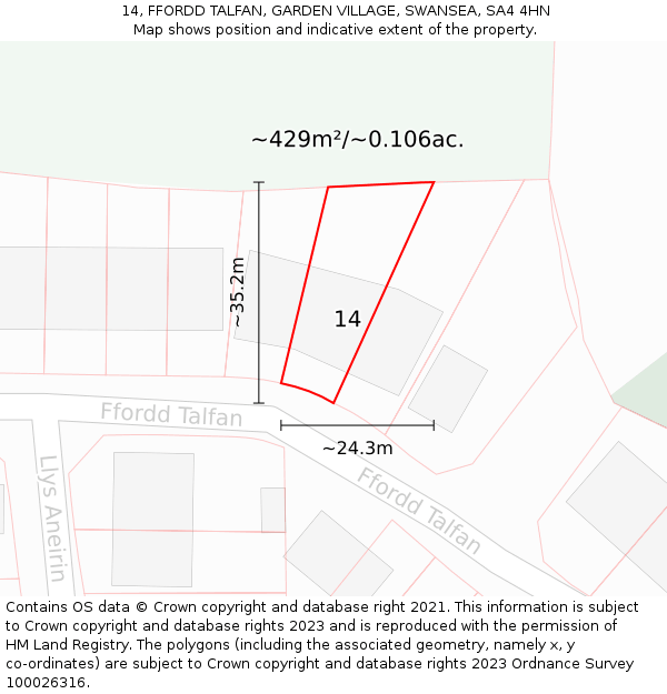 14, FFORDD TALFAN, GARDEN VILLAGE, SWANSEA, SA4 4HN: Plot and title map