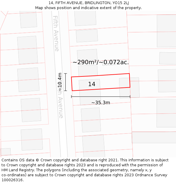 14, FIFTH AVENUE, BRIDLINGTON, YO15 2LJ: Plot and title map