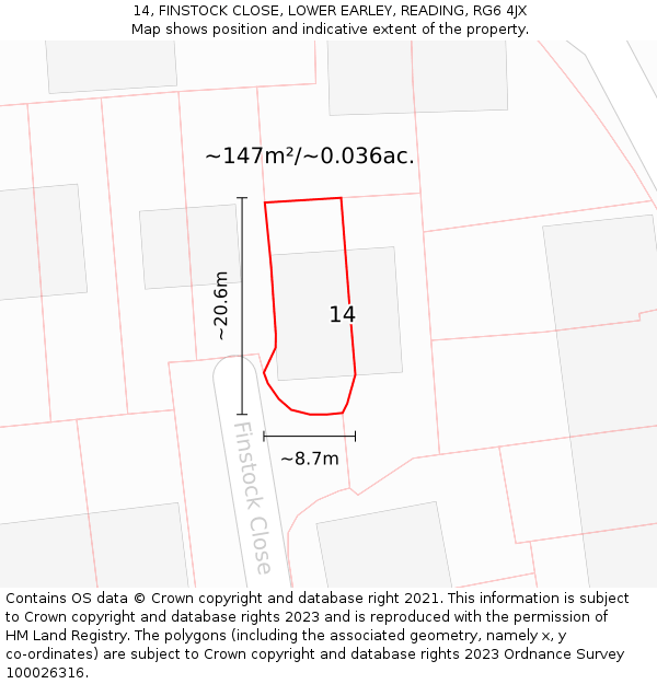 14, FINSTOCK CLOSE, LOWER EARLEY, READING, RG6 4JX: Plot and title map