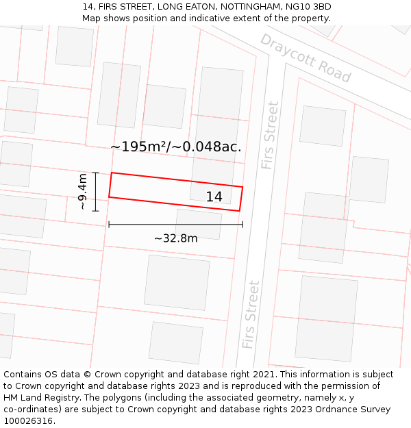 14, FIRS STREET, LONG EATON, NOTTINGHAM, NG10 3BD: Plot and title map