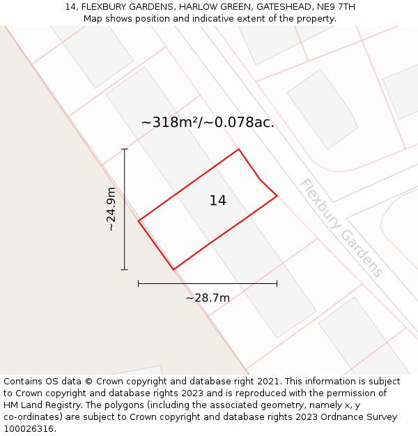 14, FLEXBURY GARDENS, HARLOW GREEN, GATESHEAD, NE9 7TH: Plot and title map