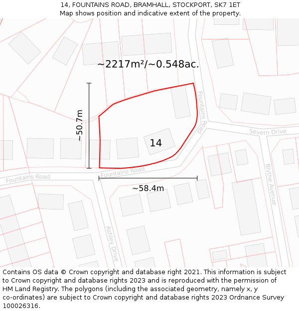 14, FOUNTAINS ROAD, BRAMHALL, STOCKPORT, SK7 1ET: Plot and title map