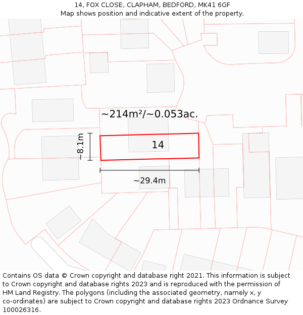 14, FOX CLOSE, CLAPHAM, BEDFORD, MK41 6GF: Plot and title map