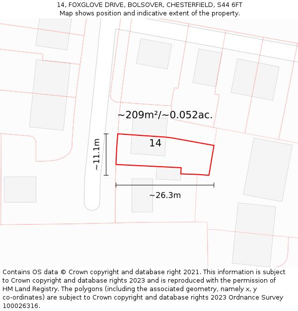 14, FOXGLOVE DRIVE, BOLSOVER, CHESTERFIELD, S44 6FT: Plot and title map