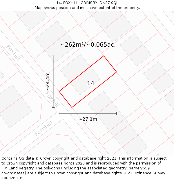 14, FOXHILL, GRIMSBY, DN37 9QL: Plot and title map