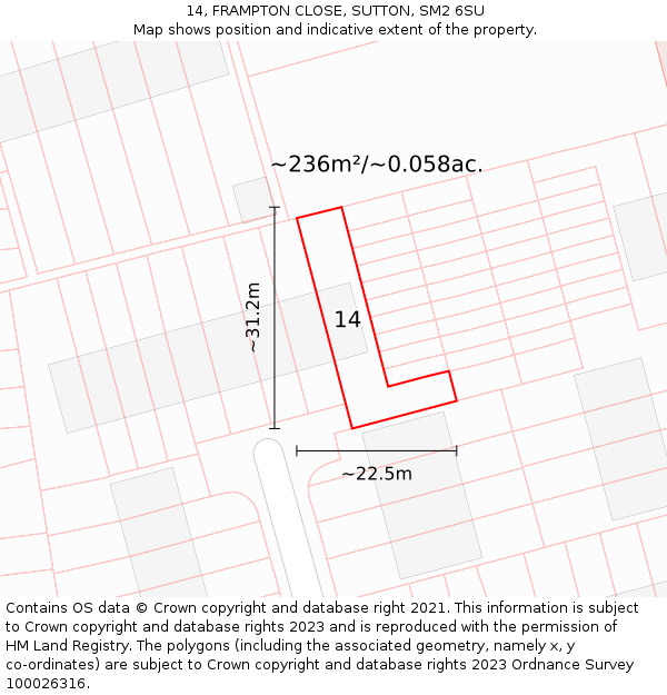 14, FRAMPTON CLOSE, SUTTON, SM2 6SU: Plot and title map