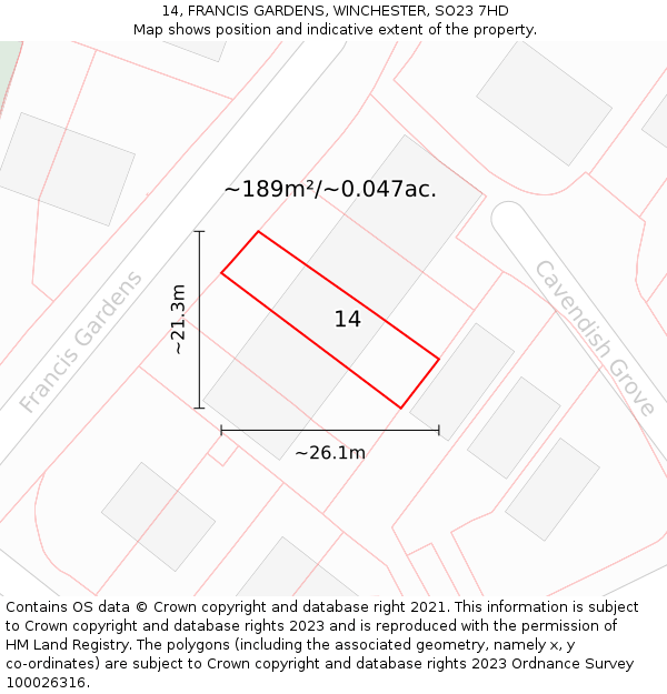 14, FRANCIS GARDENS, WINCHESTER, SO23 7HD: Plot and title map