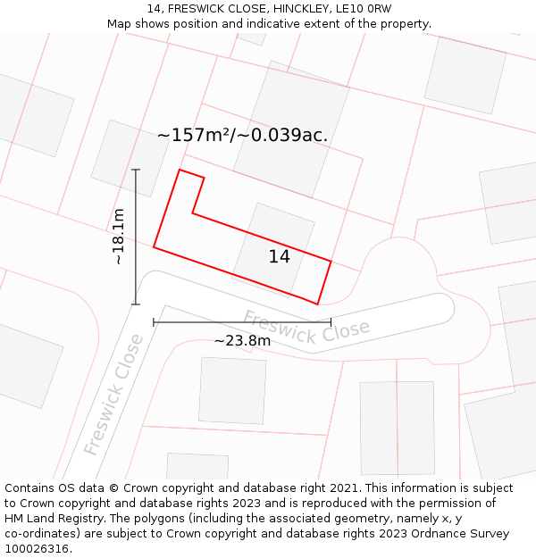 14, FRESWICK CLOSE, HINCKLEY, LE10 0RW: Plot and title map