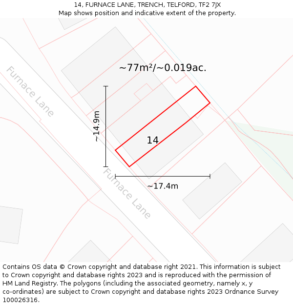 14, FURNACE LANE, TRENCH, TELFORD, TF2 7JX: Plot and title map