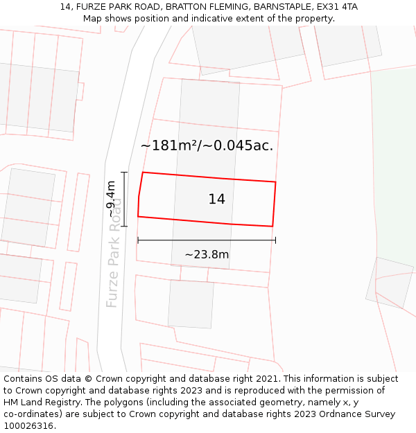 14, FURZE PARK ROAD, BRATTON FLEMING, BARNSTAPLE, EX31 4TA: Plot and title map