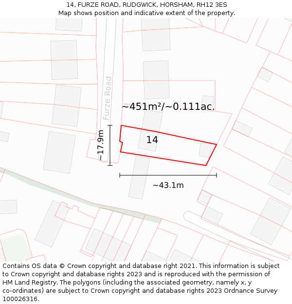 14, FURZE ROAD, RUDGWICK, HORSHAM, RH12 3ES: Plot and title map