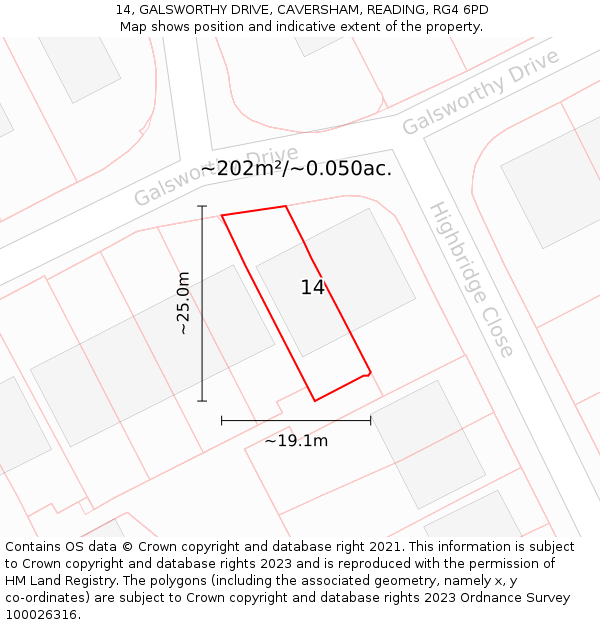 14, GALSWORTHY DRIVE, CAVERSHAM, READING, RG4 6PD: Plot and title map