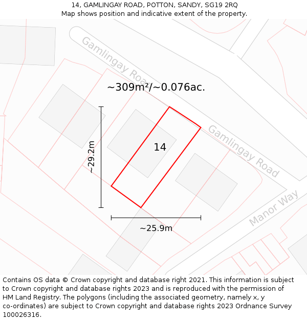 14, GAMLINGAY ROAD, POTTON, SANDY, SG19 2RQ: Plot and title map