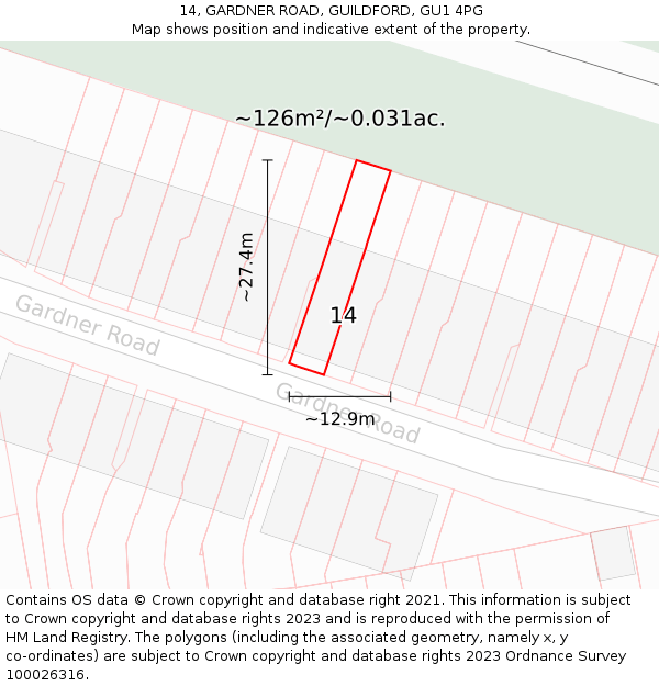 14, GARDNER ROAD, GUILDFORD, GU1 4PG: Plot and title map