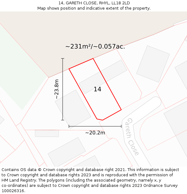 14, GARETH CLOSE, RHYL, LL18 2LD: Plot and title map