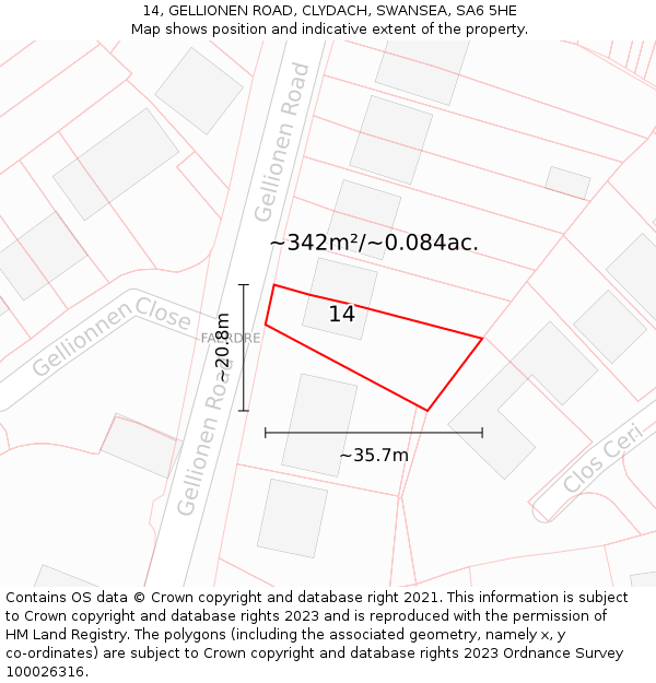 14, GELLIONEN ROAD, CLYDACH, SWANSEA, SA6 5HE: Plot and title map