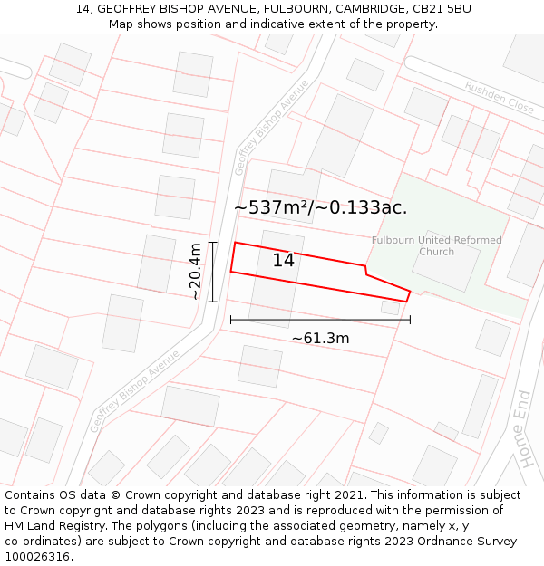 14, GEOFFREY BISHOP AVENUE, FULBOURN, CAMBRIDGE, CB21 5BU: Plot and title map