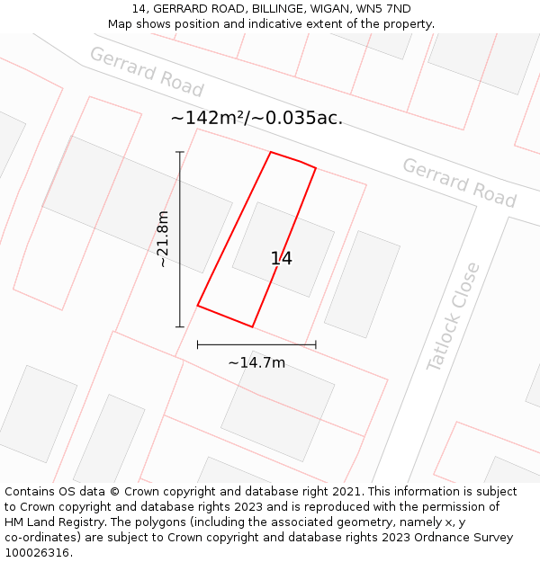 14, GERRARD ROAD, BILLINGE, WIGAN, WN5 7ND: Plot and title map