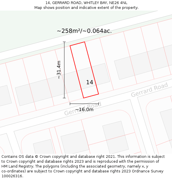14, GERRARD ROAD, WHITLEY BAY, NE26 4NL: Plot and title map