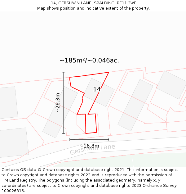 14, GERSHWIN LANE, SPALDING, PE11 3WF: Plot and title map