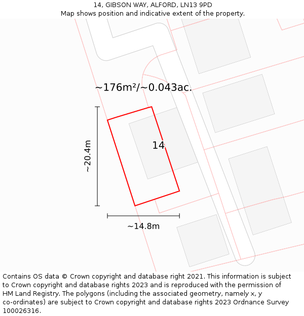 14, GIBSON WAY, ALFORD, LN13 9PD: Plot and title map