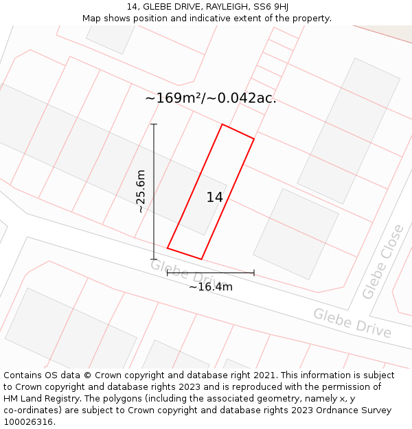 14, GLEBE DRIVE, RAYLEIGH, SS6 9HJ: Plot and title map