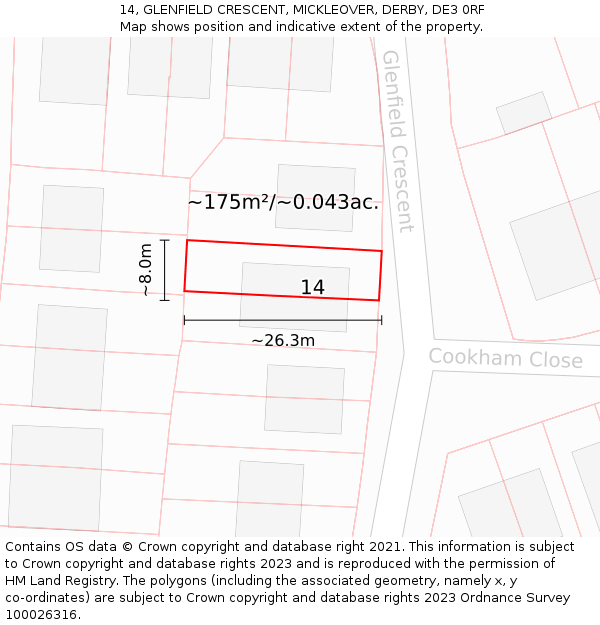 14, GLENFIELD CRESCENT, MICKLEOVER, DERBY, DE3 0RF: Plot and title map