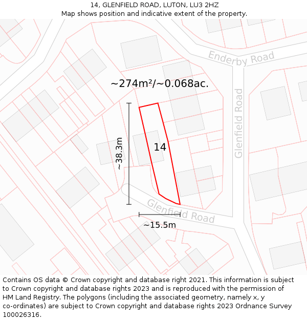 14, GLENFIELD ROAD, LUTON, LU3 2HZ: Plot and title map