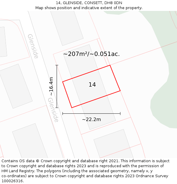 14, GLENSIDE, CONSETT, DH8 0DN: Plot and title map