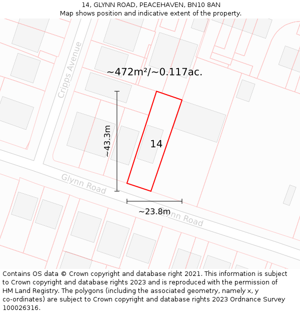 14, GLYNN ROAD, PEACEHAVEN, BN10 8AN: Plot and title map