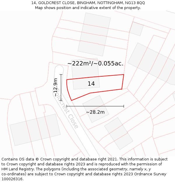 14, GOLDCREST CLOSE, BINGHAM, NOTTINGHAM, NG13 8QQ: Plot and title map