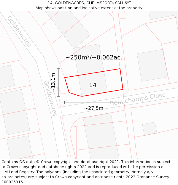 14, GOLDENACRES, CHELMSFORD, CM1 6YT: Plot and title map