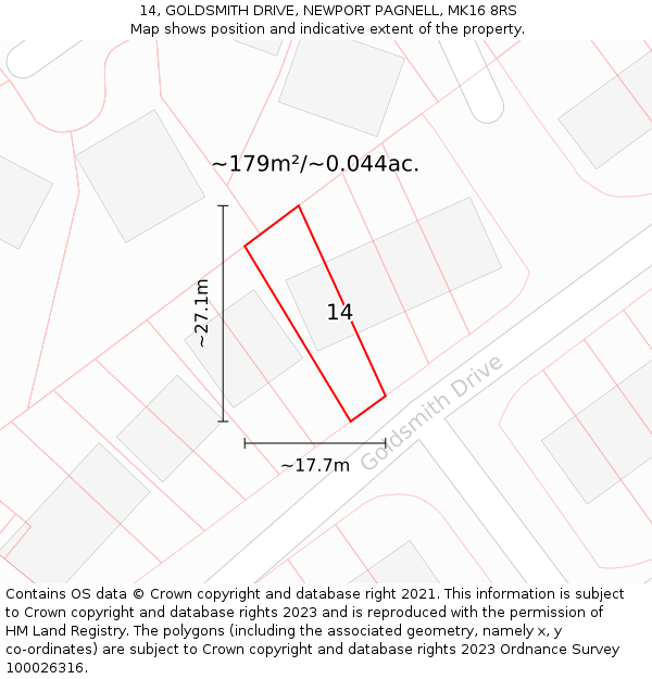 14, GOLDSMITH DRIVE, NEWPORT PAGNELL, MK16 8RS: Plot and title map