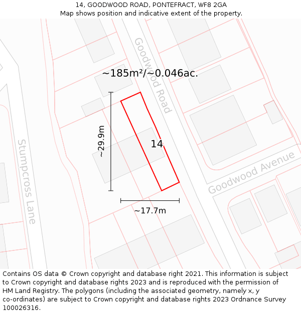 14, GOODWOOD ROAD, PONTEFRACT, WF8 2GA: Plot and title map