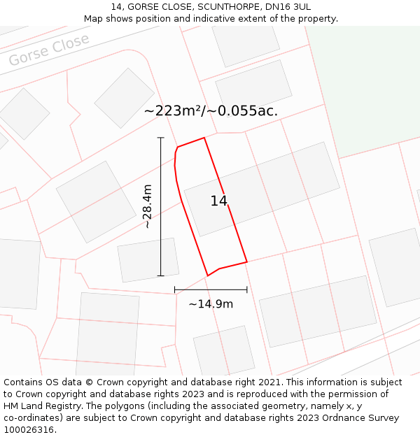 14, GORSE CLOSE, SCUNTHORPE, DN16 3UL: Plot and title map