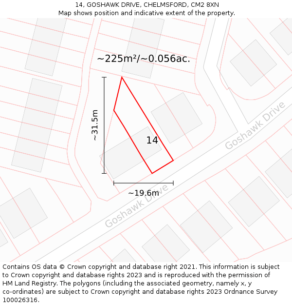 14, GOSHAWK DRIVE, CHELMSFORD, CM2 8XN: Plot and title map