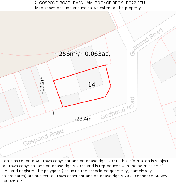 14, GOSPOND ROAD, BARNHAM, BOGNOR REGIS, PO22 0EU: Plot and title map